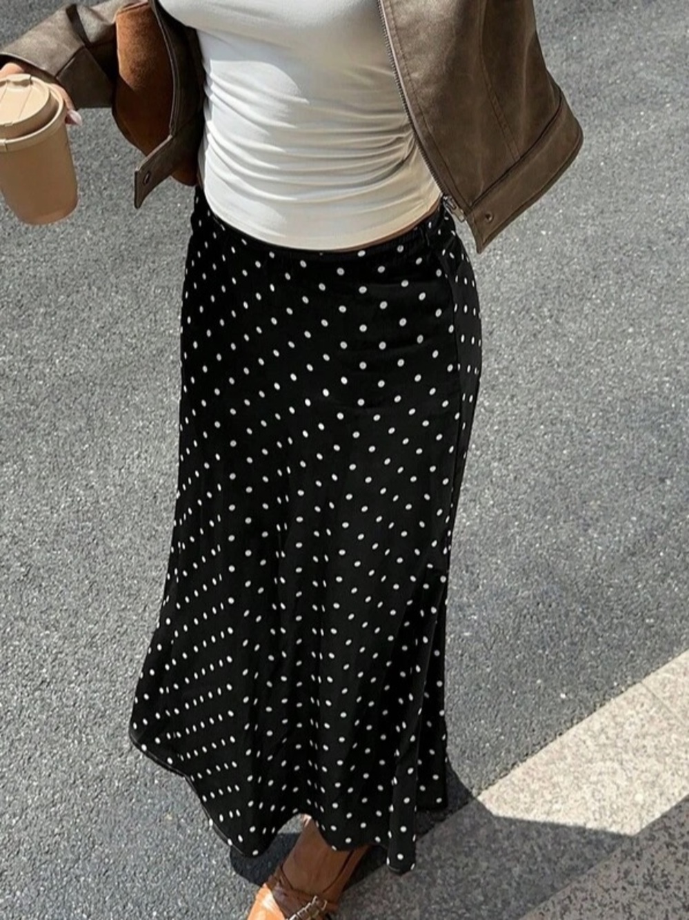 SHEIN Black Maxi Skirt with White Polka Dots